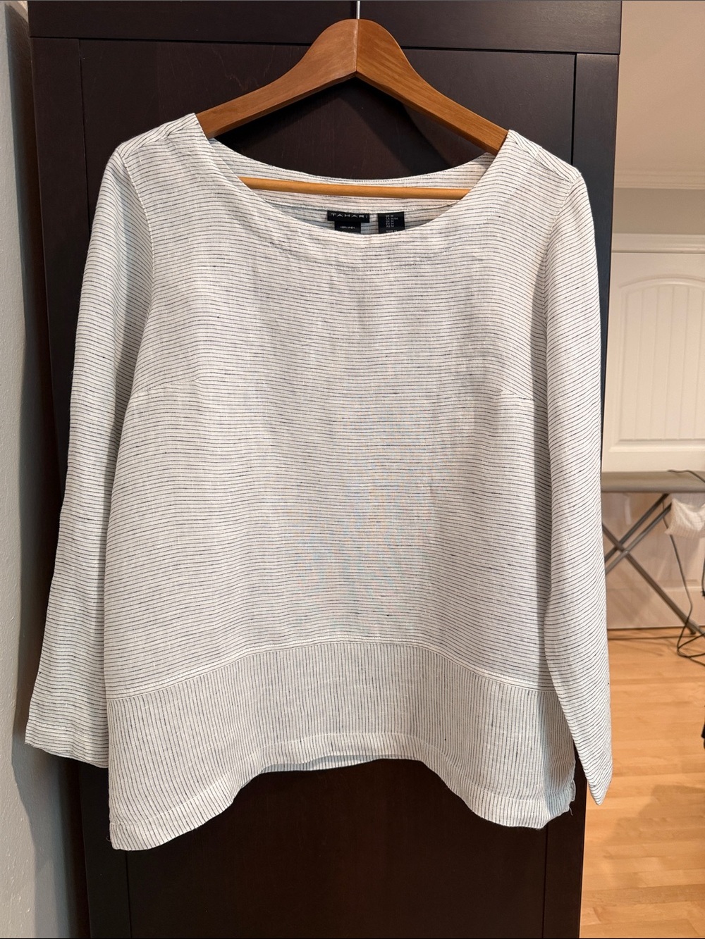 Tahari Ivory and Light Gray Striped Boatneck Top